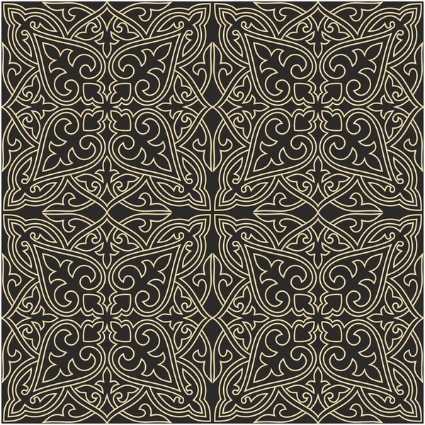 Kusursuz altın rengi Kazak ulusal şablonu. Bozkır göçebelerinin kare etnik süsü. Moğollar, Tatarlar, Kalmikler, Kırgızlar