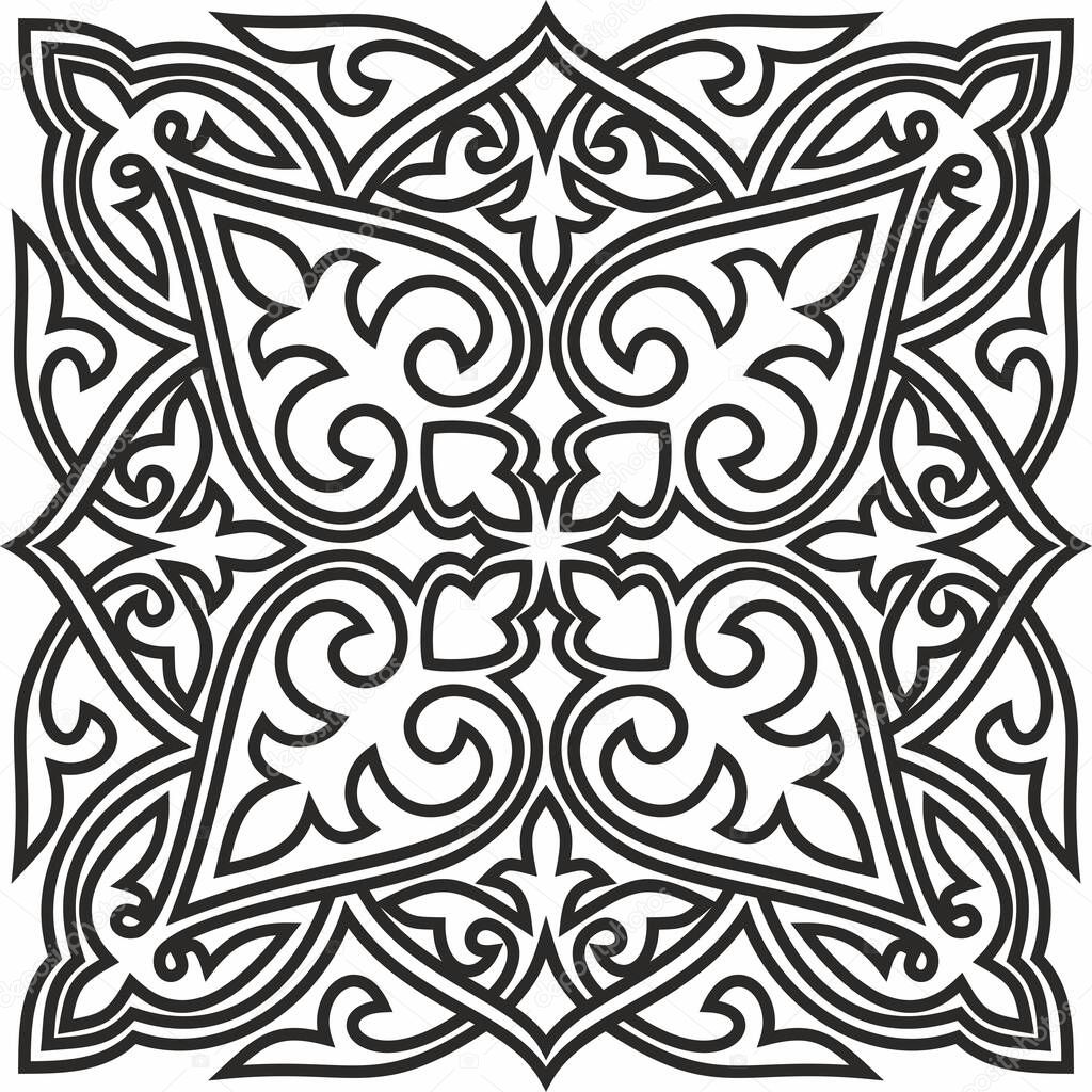 Vector black and white Kazakh national pattern. Square monochrome ornament of steppe nomadic peoples.