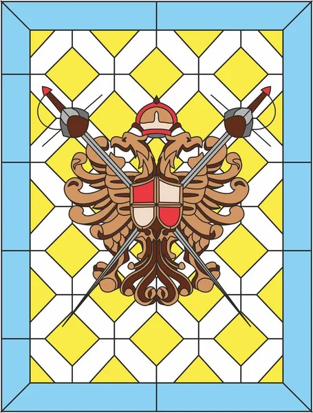 中世の美しい茶色の騎士のコート剣と黄色の正方形の盾と青いフレームの王室の城で2つのワシの頭 — ストックベクタ