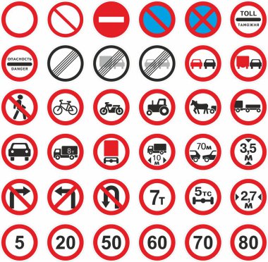 Vektör yol yasağı işaretleri. Dur, dur, park yok, bisikletler, yayalar, uzunluk, mesafe, motosiklet, traktör, karavan, gümrük, dönüş