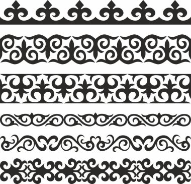 Kazak ulusal süslemelerinin vektör seti. Kum temizleme için kenarlar ve çerçeveler. Tasarım ve kartpostallar için ayrıntılar ve unsurlar