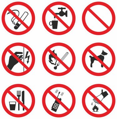 Kırmızı vektör kümesi yasaklama işaretlerinin üzerini çizmiş. elektrik, köpekler, sigara, kibrit, ateş, yemek, telefon