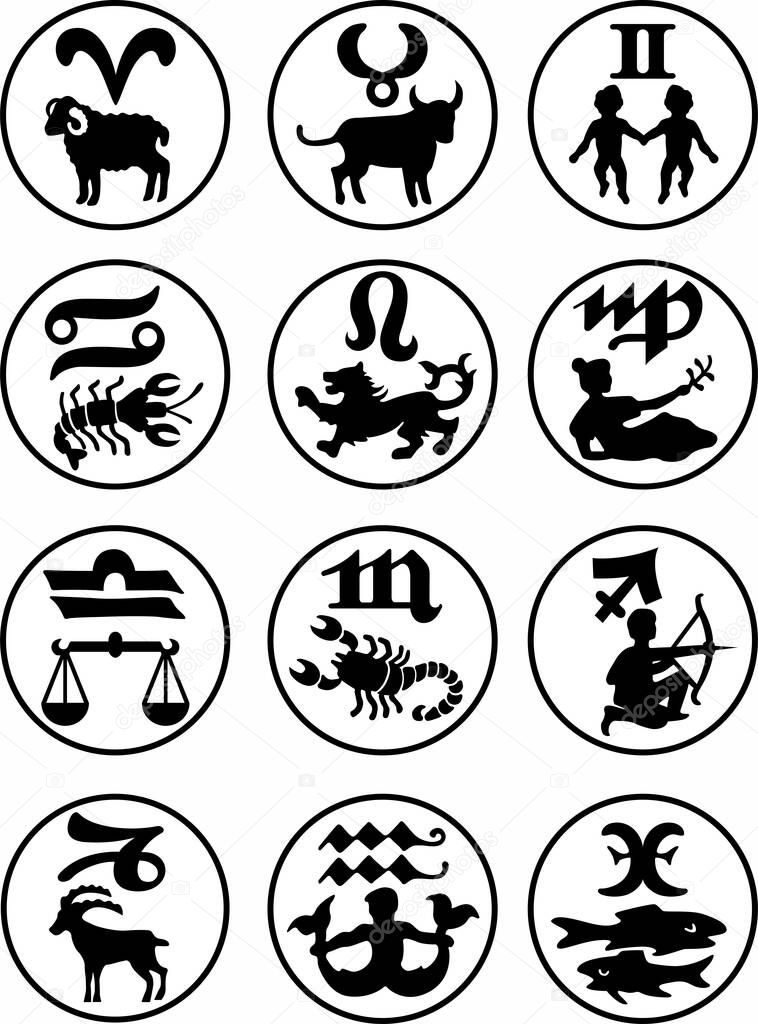 Vector zodiac signs. Astrological icons. Black and white silhouettes.