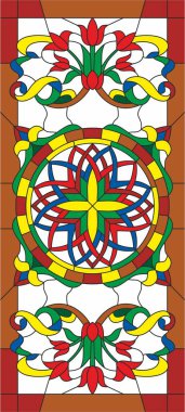 Klasik renkli süslemeli dikdörtgen cam pencerenin vektör deseni. Tavan için çiçek deseni. Halı, halı, şal, perde baskısı