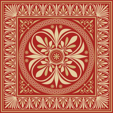 Kırmızı klasik Yunan kare süslemeli vektör altın. Antik Yunan ve Roma İmparatorluğu dikdörtgeni. Bizans duvarları, zemin ve tavan resimleri. Avrupa saraylarının dekorasyonu