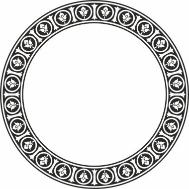 Siyah vektör monokrom şablon yuvarlak klasik Bizans süsü. Çember, halka, sınır, Antik Yunan, Doğu Roma İmparatorluğu çerçevesi. Rus Ortodoks Kilisesi Dekorasyonu