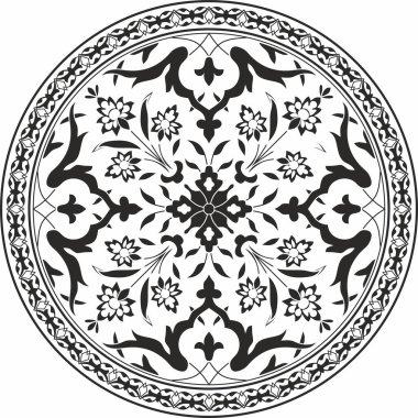 Siyah tek renkli vektör, Türk süsü. Osmanlı çemberi, halka, çerçeve.