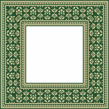 Yeşil kare Türk ulusal süsü olan vektör altın. Osmanlı sınırı, çerçeve. Etnik çiçek dikdörtgeni, Seljuk Türkleri deseni. Sultan 'ın sarayının dekorasyonu.
