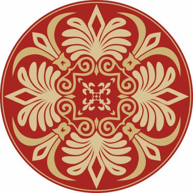 Kırmızı klasik Yunan yuvarlak süsü olan vektör altın. Antik Yunan ve Roma İmparatorluğu Çemberi. Bizans duvarları, zemin ve tavan resimleri. Avrupa saraylarının dekorasyonu