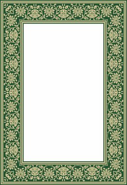 Yeşil kare Türk ulusal süsü olan vektör altın. Osmanlı sınırı, çerçeve. Etnik çiçek dikdörtgeni, Seljuk Türkleri deseni. Sultan 'ın sarayının dekorasyonu.