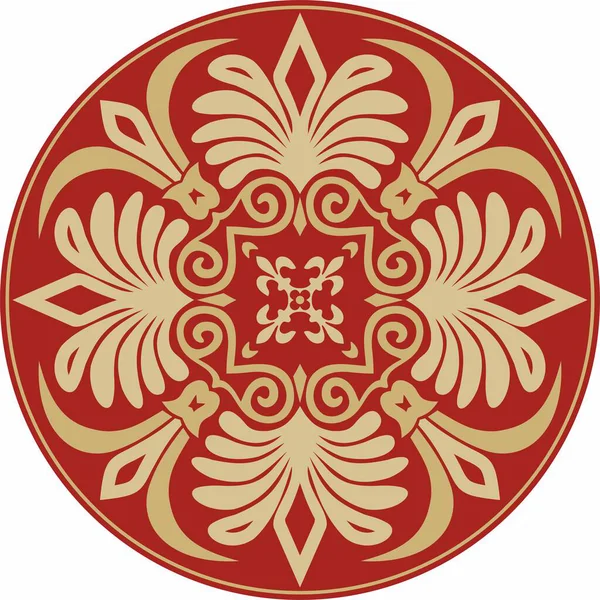 Kırmızı klasik Yunan yuvarlak süsü olan vektör altın. Antik Yunan ve Roma İmparatorluğu Çemberi. Bizans duvarları, zemin ve tavan resimleri. Avrupa saraylarının dekorasyonu
