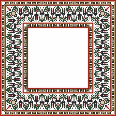 Vektör renkli klasik Yunan kare süsü. Antik Yunan ve Roma İmparatorluğu dikdörtgeni. Bizans duvarları, zemin ve tavan resimleri. Avrupa saraylarının dekorasyonu