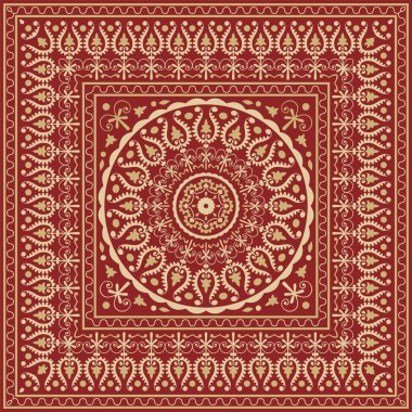 Kırmızı kare süslemeli Vektör Özbek Altın. Türk dikdörtgeni, çerçeve. Orta Asi 'nin Kültür Mirası