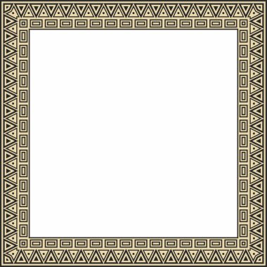 Vektör altın ve siyah kare ulusal Hint desenleri. Ulusal etnik süsler, sınırlar, çerçeveler. Güney Amerika halklarının renkli süslemeleri, Maya, İnka, Aztekler.