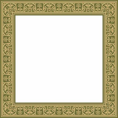 Yeşil kenarlı, çerçeve, Pompei 'li vektör kare altın. Dikdörtgen Neopolitan süsü. Antik Roma Sanatı. Boyalı cam şablonu