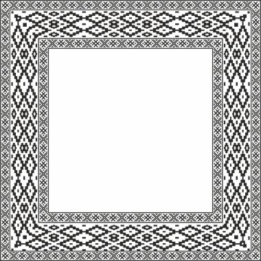 Vector black monokrom kare Belarus ulusal süs çerçevesi. Slav halkları, Rus, Ukraynalı, Sırp, Polonyalı, Bulgar etnik desenli dikdörtgen. Çapraz dikiş şablonu