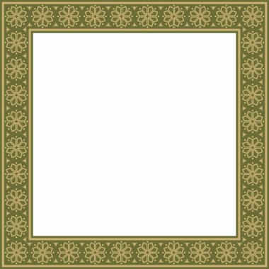 Yeşil antik Rus aksesuarlı vektör kare altın. Slav dikdörtgeni, sınır, çerçeve. Kraliyet odalarının resimleri.