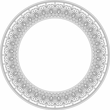 Siyah vektör monokrom klasik Yunan yuvarlak taslak süsü. Antik Yunan ve Roma İmparatorluğu Çemberi. Bizans duvarları, zemin ve tavan resimleri. Avrupa saraylarının dekorasyonu. Boyalı cam şablonu