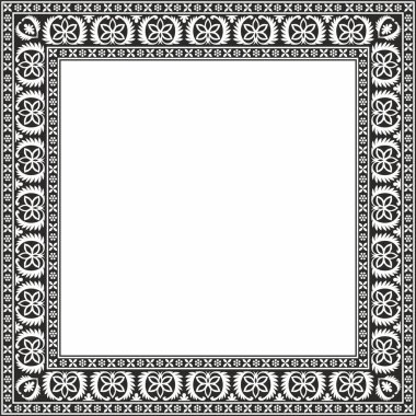 Vektör kare tek renkli siyah Hint ulusal süsü. Etnik bitki sınırı. Çiçek çerçevesi. Gelincikler ve yapraklar