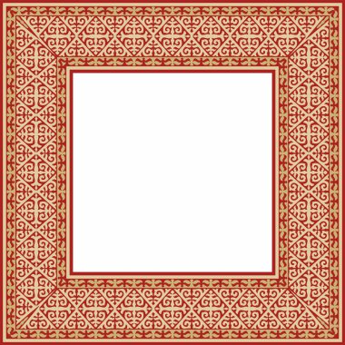 Kırmızı süslemeli Kazak ulusal kare altın çerçevesi. Etnik model. Göçebe kültürü yansıtan dikdörtgen. Tasarım ve tekstil için uygun