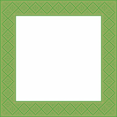 Vektör yeşil altın kare Belarus ulusal süs çerçevesi. Slav halkları, Rus, Ukraynalı, Sırp, Polonyalı, Bulgar etnik desenli dikdörtgen. Çapraz dikiş şablonu