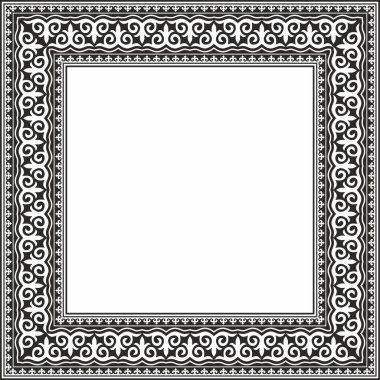 Vector siyah tek renkli kare Kazak ulusal süsü. Büyük Steppe 'deki insanların etnik kalıpları