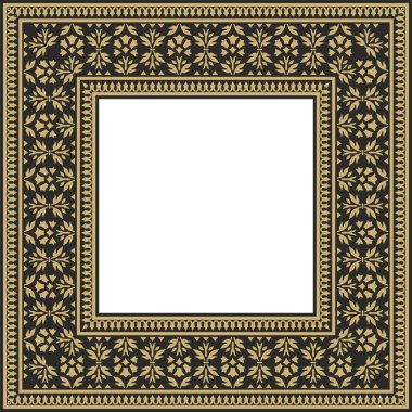 Siyah kare Türk ulusal süsü olan vektör altın. Osmanlı sınırı, çerçeve. Etnik çiçek dikdörtgeni, Seljuk Türkleri deseni. Sultan 'ın sarayının dekorasyonu.