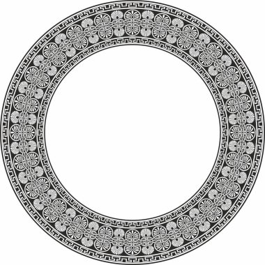 Siyah vektör monokrom klasik Yunan yuvarlak süsü. Antik Yunan ve Roma İmparatorluğu Çemberi. Bizans duvarları, zemin ve tavan resimleri. Avrupa saraylarının dekorasyonu