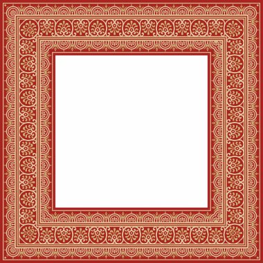 Kırmızı kenarlı, çerçeve, Pompei 'li vektör kare altın. Dikdörtgen Neopolitan süsü. Antik Roma Sanatı. Boyalı cam şablonu