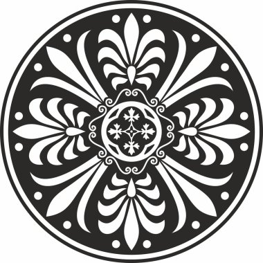Siyah vektör monokrom klasik Yunan yuvarlak süsü. Antik Yunan ve Roma İmparatorluğu Çemberi. Bizans duvarları, zemin ve tavan resimleri. Avrupa saraylarının dekorasyonu