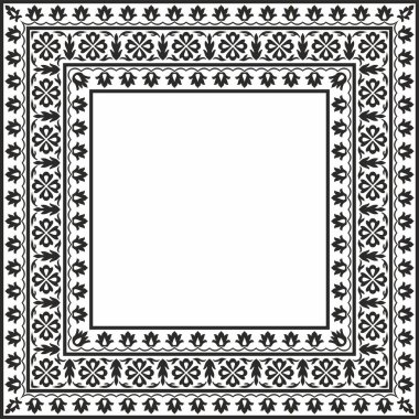 Vector monokrom siyah kare Türk ulusal süsü. Osmanlı sınırı, çerçeve. Etnik çiçek dikdörtgeni, Seljuk Türkleri deseni. Sultan 'ın sarayının dekorasyonu.