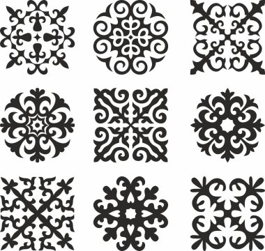 Siyah monokrom işaretli vektör seti Kazak ulusal süsü. Büyük Steppe 'deki insanların etnik kalıpları,