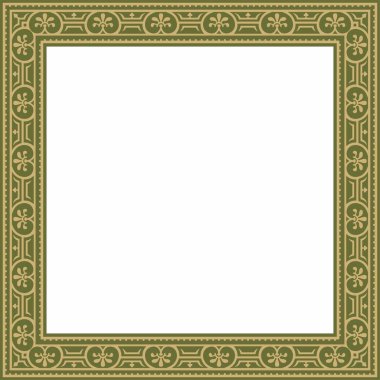 Yeşil kenarlı, çerçeve, Pompei 'li vektör kare altın. Dikdörtgen Neopolitan süsü. Antik Roma Sanatı. Boyalı cam şablonu