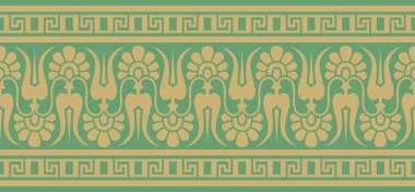 Vektör altın ve yeşil klasik, kusursuz Avrupa ulusal süsü. Romalıların etnik kalıpları. Sınır, Antik Yunan çerçevesi, Roma İmparatorluğu.