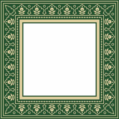 Yeşil kare Türk ulusal süsü olan vektör altın. Osmanlı sınırı, çerçeve. Etnik çiçek dikdörtgeni, Seljuk Türkleri deseni. Sultan 'ın sarayının dekorasyonu.