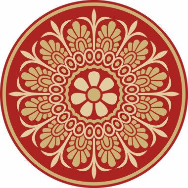 Kırmızı klasik Yunan yuvarlak süsü olan vektör altın. Antik Yunan ve Roma İmparatorluğu Çemberi. Bizans duvarları, zemin ve tavan resimleri. Avrupa saraylarının dekorasyonu