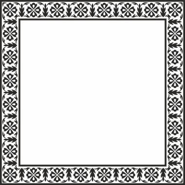 Vector monokrom siyah kare Türk ulusal süsü. Osmanlı sınırı, çerçeve. Etnik çiçek dikdörtgeni, Seljuk Türkleri deseni. Sultan 'ın sarayının dekorasyonu.