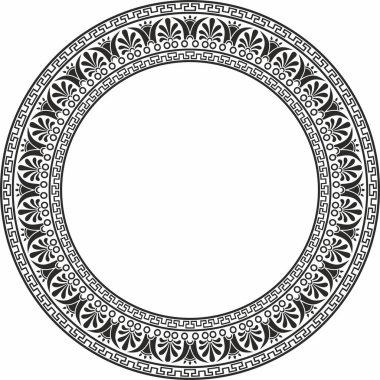 Siyah vektör monokrom klasik Yunan yuvarlak süsü. Antik Yunan ve Roma İmparatorluğu Çemberi. Bizans duvarları, zemin ve tavan resimleri. Avrupa saraylarının dekorasyonu