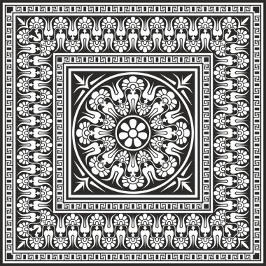 Siyah vektör monokrom klasik Yunan kare süsü. Antik Yunan ve Roma İmparatorluğu dikdörtgeni. Bizans duvarları, zemin ve tavan resimleri. Avrupa saraylarının dekorasyonu