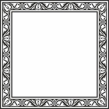 Siyah vektör tek renkli kare şablon klasik Bizans süsü. Dikdörtgen, sınır, Antik Yunan, Doğu Roma İmparatorluğu çerçevesi. Rus Ortodoks Kilisesi Dekorasyonu