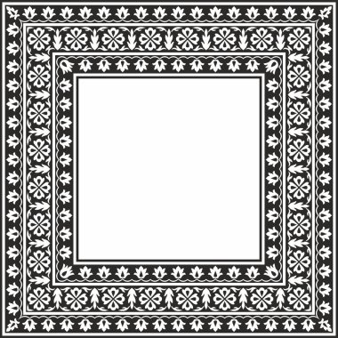 Vector monokrom siyah kare Türk ulusal süsü. Osmanlı sınırı, çerçeve. Etnik çiçek dikdörtgeni, Seljuk Türkleri deseni. Sultan 'ın sarayının dekorasyonu.