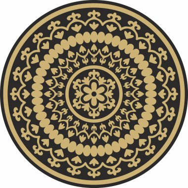 Vector Özbek altın ve siyah yuvarlak süs. Türk çemberi, halka. Orta Asi 'nin Kültür Mirası