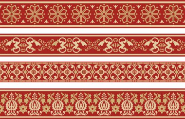 Sonsuz altın ve kırmızı antik Rus süsü. Kusursuz Slav sınırı, çerçeve. Kraliyet odalarının resimleri.