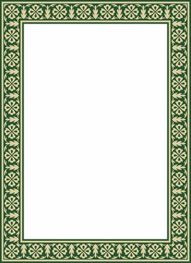 Yeşil kare Türk ulusal süsü olan vektör altın. Osmanlı sınırı, çerçeve. Etnik çiçek dikdörtgeni, Seljuk Türkleri deseni. Sultan 'ın sarayının dekorasyonu.