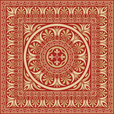 Kırmızı klasik Yunan kare süslemeli vektör altın. Antik Yunan ve Roma İmparatorluğu dikdörtgeni. Bizans duvarları, zemin ve tavan resimleri. Avrupa saraylarının dekorasyonu