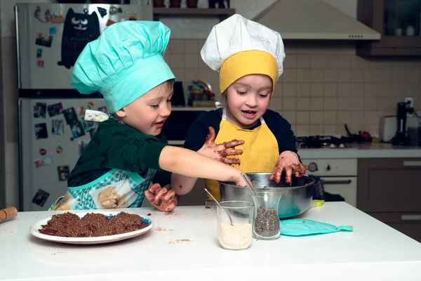 Boy Girl Cooking Hats Making Sweets Hands Cosy Home Kitchen — Stock Photo, Image