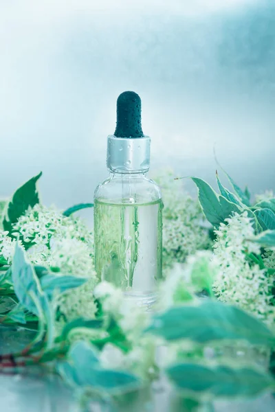 Крупним Планом Пляшку Рідким Скляним Дробленням Всередині Білими Квітучими Гілочками — стокове фото