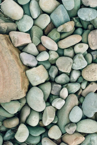 Espalhamento Seixos Fluviais Lisos Cores Claras Com Pedra Grande Marrom — Fotografia de Stock