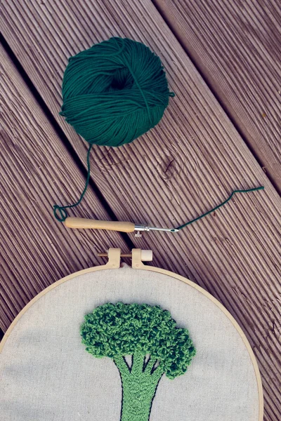 Part View Embroidery Project Hoop Together Punch Needle Green Ball — Stock Photo, Image