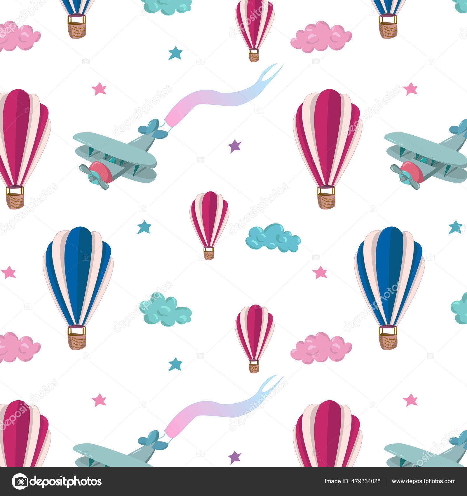 Nahtloses Muster mit rosa und blauen Luftballons, Flugzeug und Wolken.  Muster für Tapeten, Textilien, Karten, Schreibwaren Stock-Vektorbild von  ©Liza_canvas 479334028, image size:1600x1700